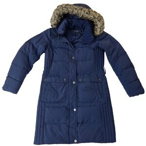 Lands End Womens Navy Blue Down Parka Faux Fur Hood Long Puffer Coat Small 6-8